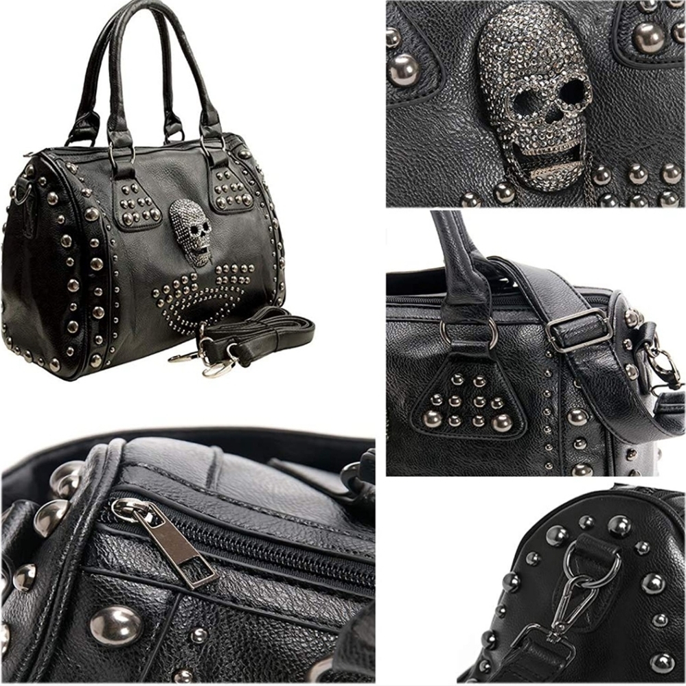 Black Skull Handbag Gothic Shoulder Bag with Studded Accents